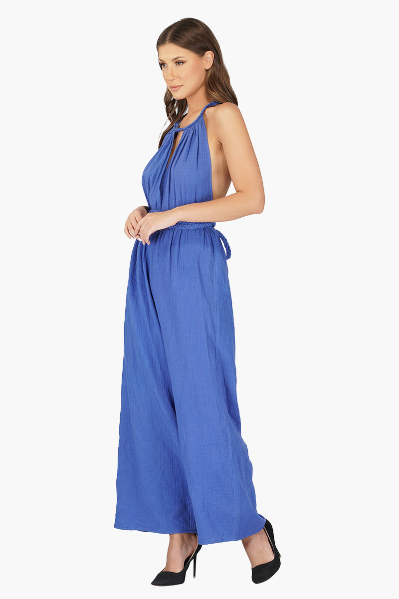 Illusion Neckline 3/4-Length Sleeve Jumpsuit Ocean Blue