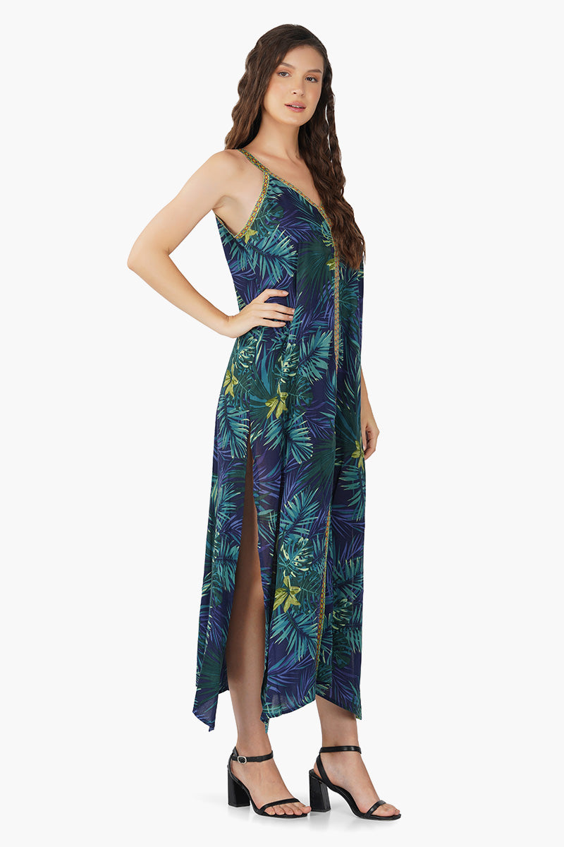 Tropical V-Neck Side Slit Maxi Dress