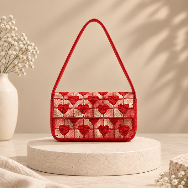 Handcrafted Embossed Heart Fully Beaded Luxury Shoulder Bag