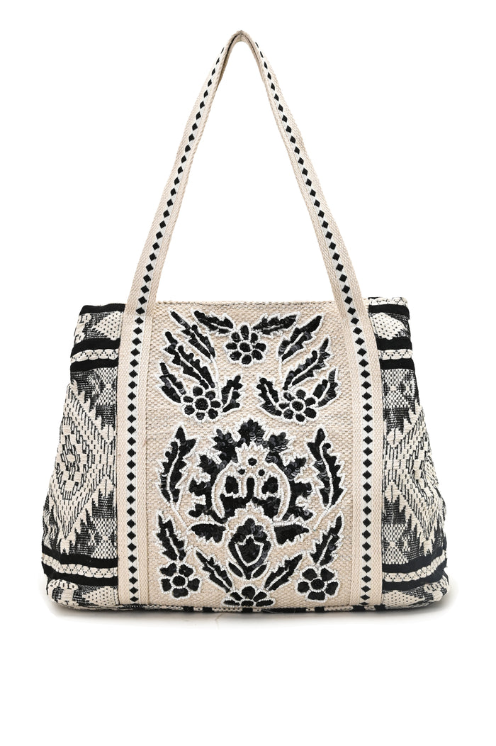 Hand-Beaded Embroidery Tote Bag - Aztec Print (Black)