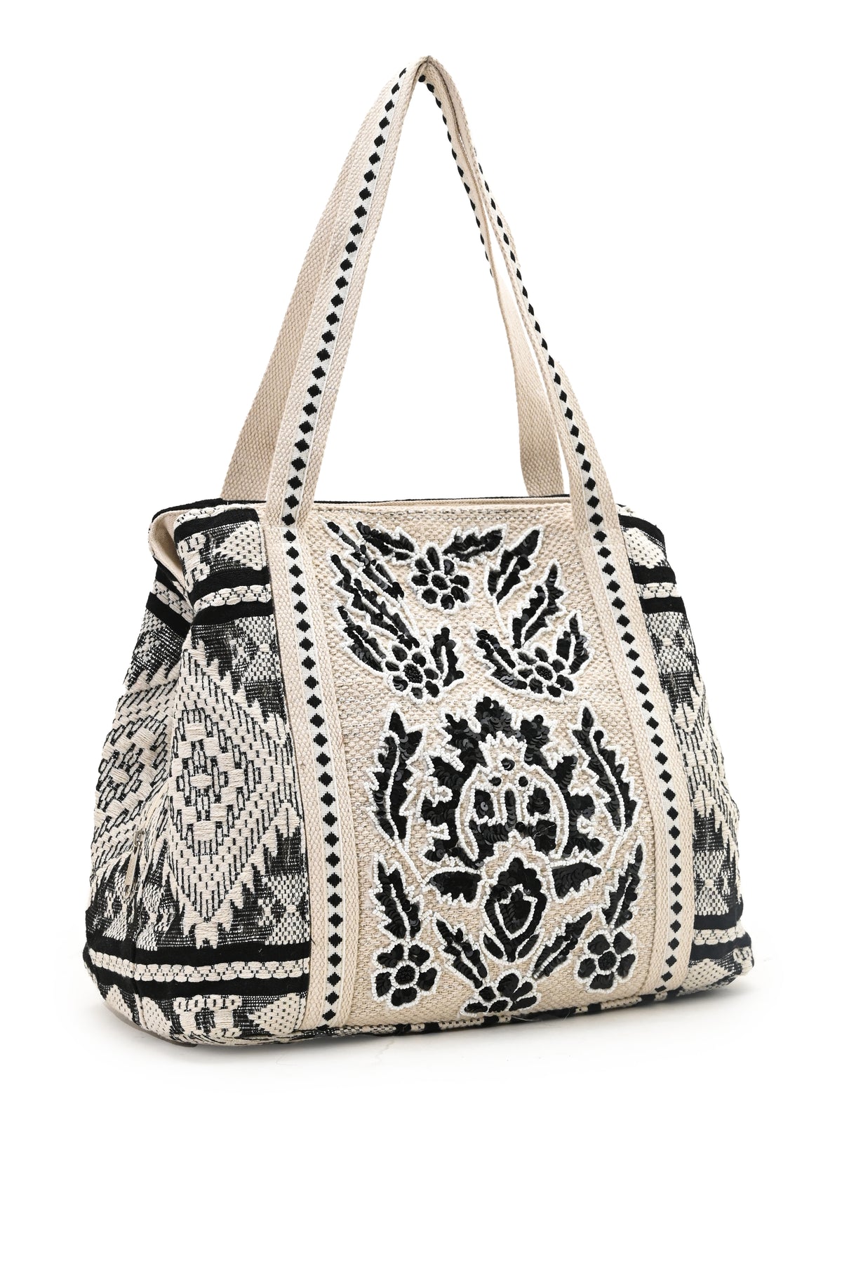 Hand-Beaded Embroidery Tote Bag - Aztec Print (Black)