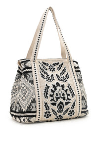 Hand-Beaded Embroidery Tote Bag - Aztec Print (Black)