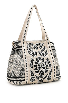 Hand-Beaded Embroidery Tote Bag - Aztec Print (Black)