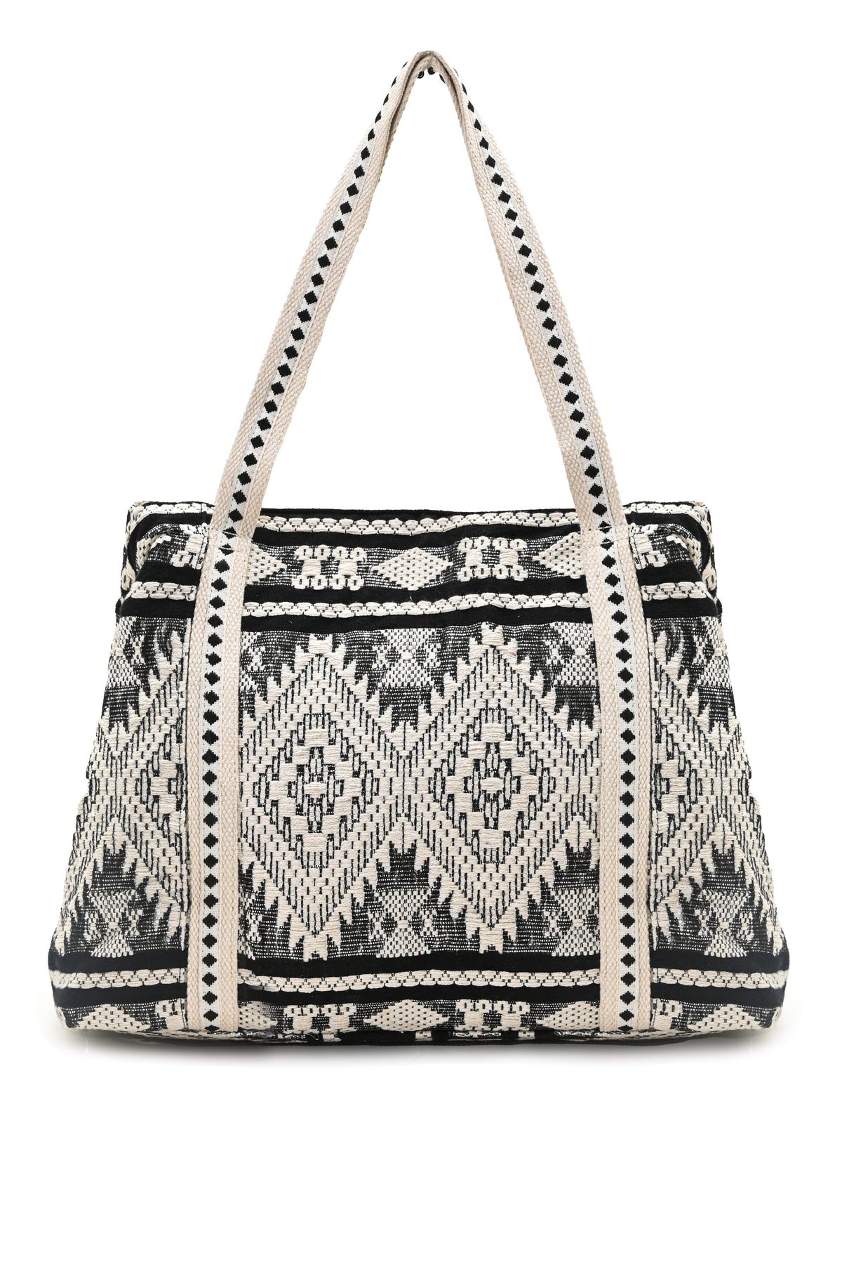 Hand-Beaded Embroidery Tote Bag - Aztec Print (Black)