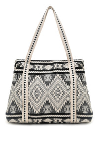 Hand-Beaded Embroidery Tote Bag - Aztec Print (Black)