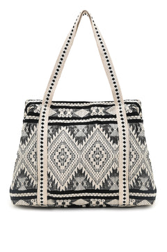 Hand-Beaded Embroidery Tote Bag - Aztec Print (Black)