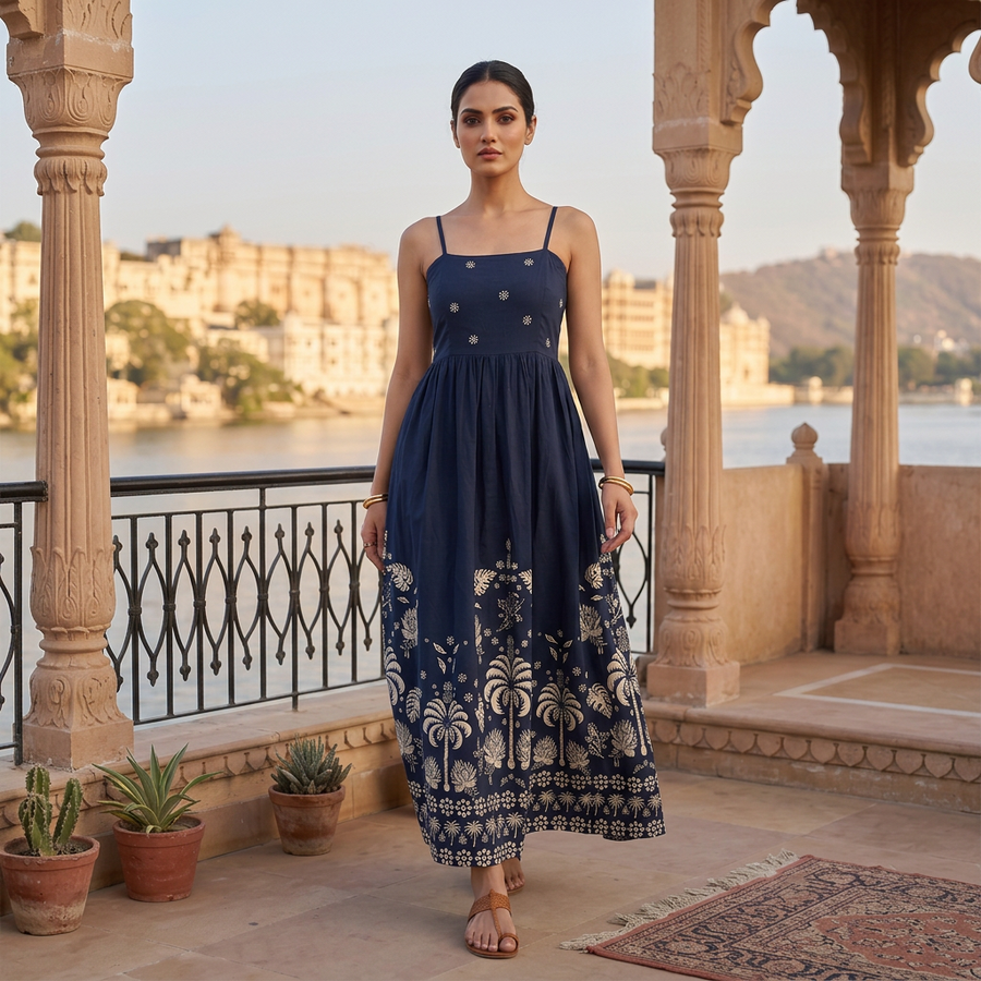 Palmira Blue Palm Print Maxi Dress