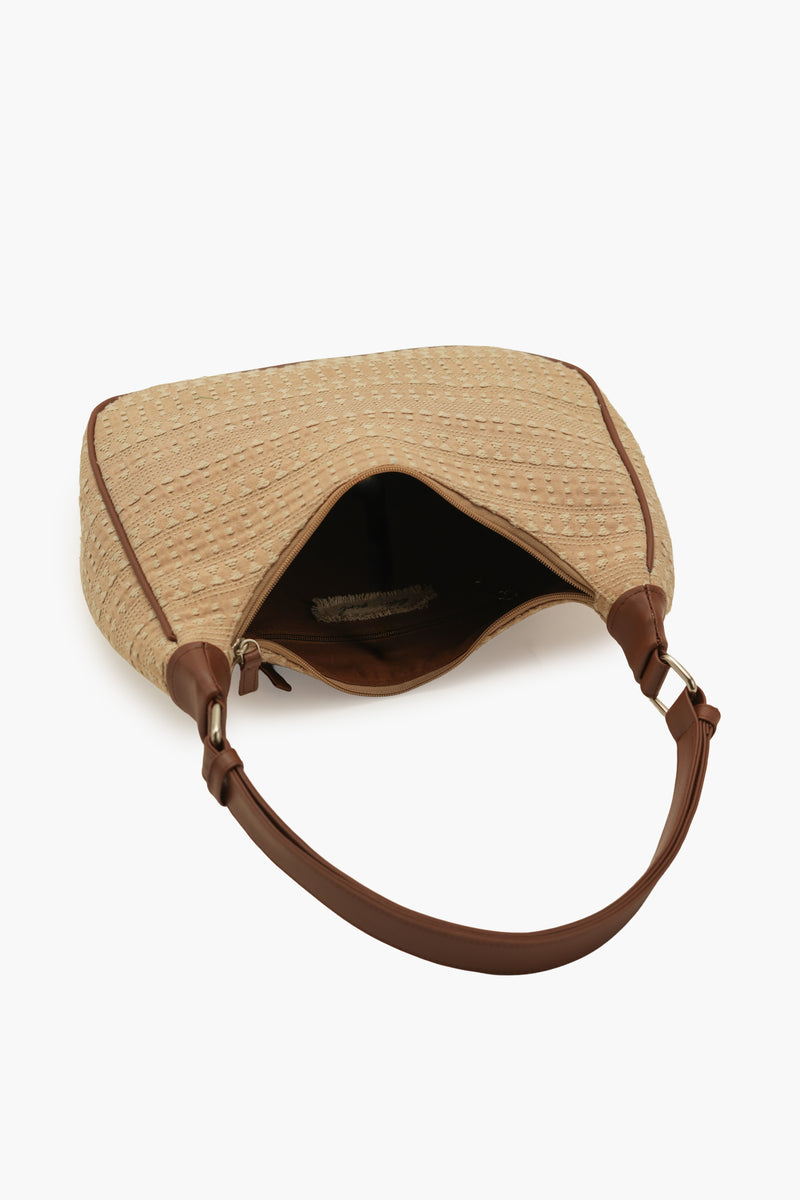 Beige Woven Half Moon Shoulder Bag