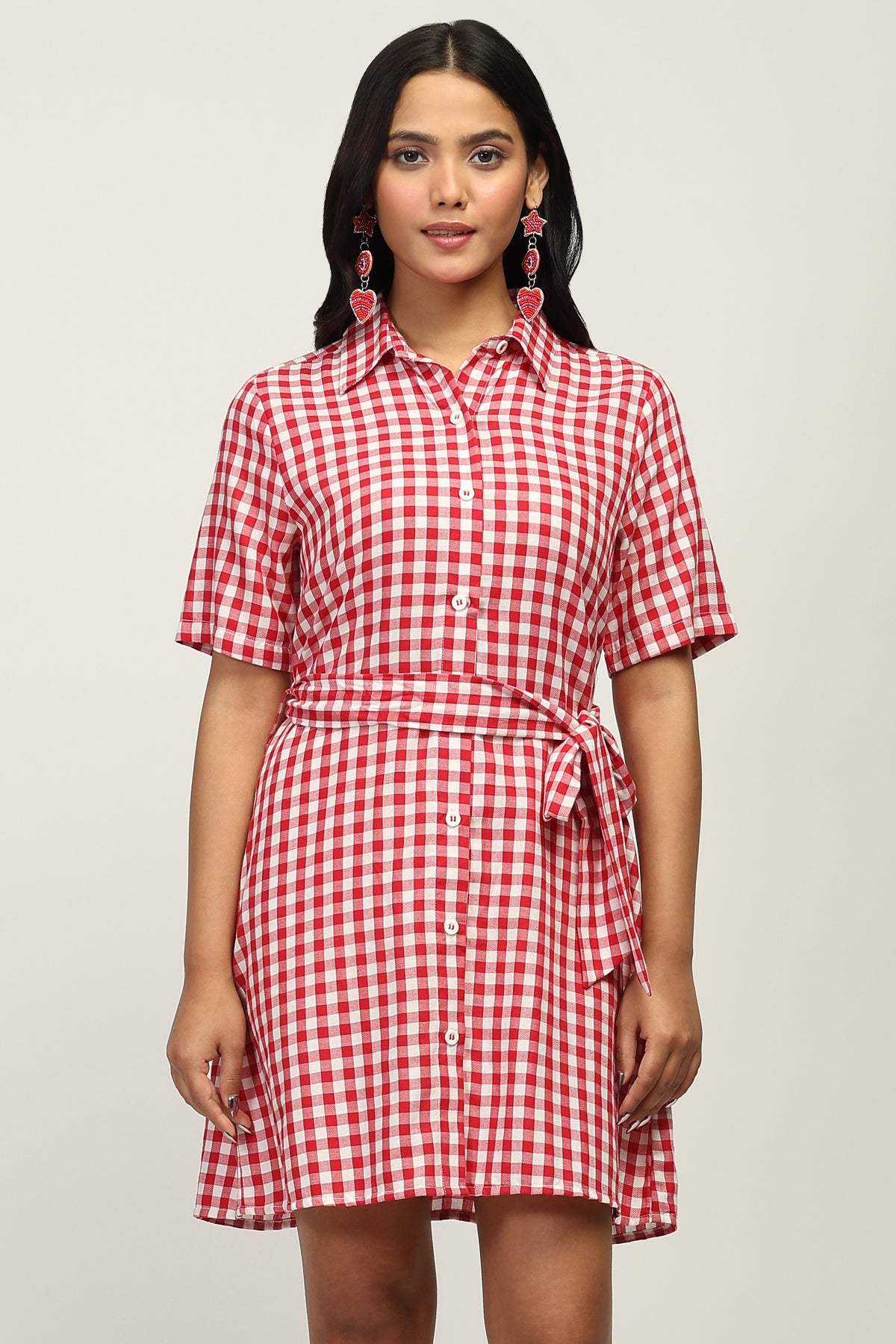 Women Red Checked Shirt Dress
