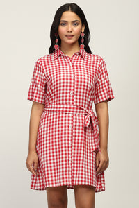Women Red Checked Shirt Dress