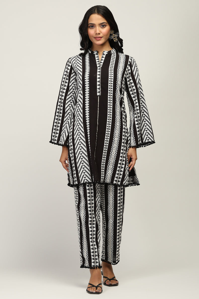 Indo-Western 100% Pure Cotton Yarn Dyed Geometric Stripe Co-Ord Set