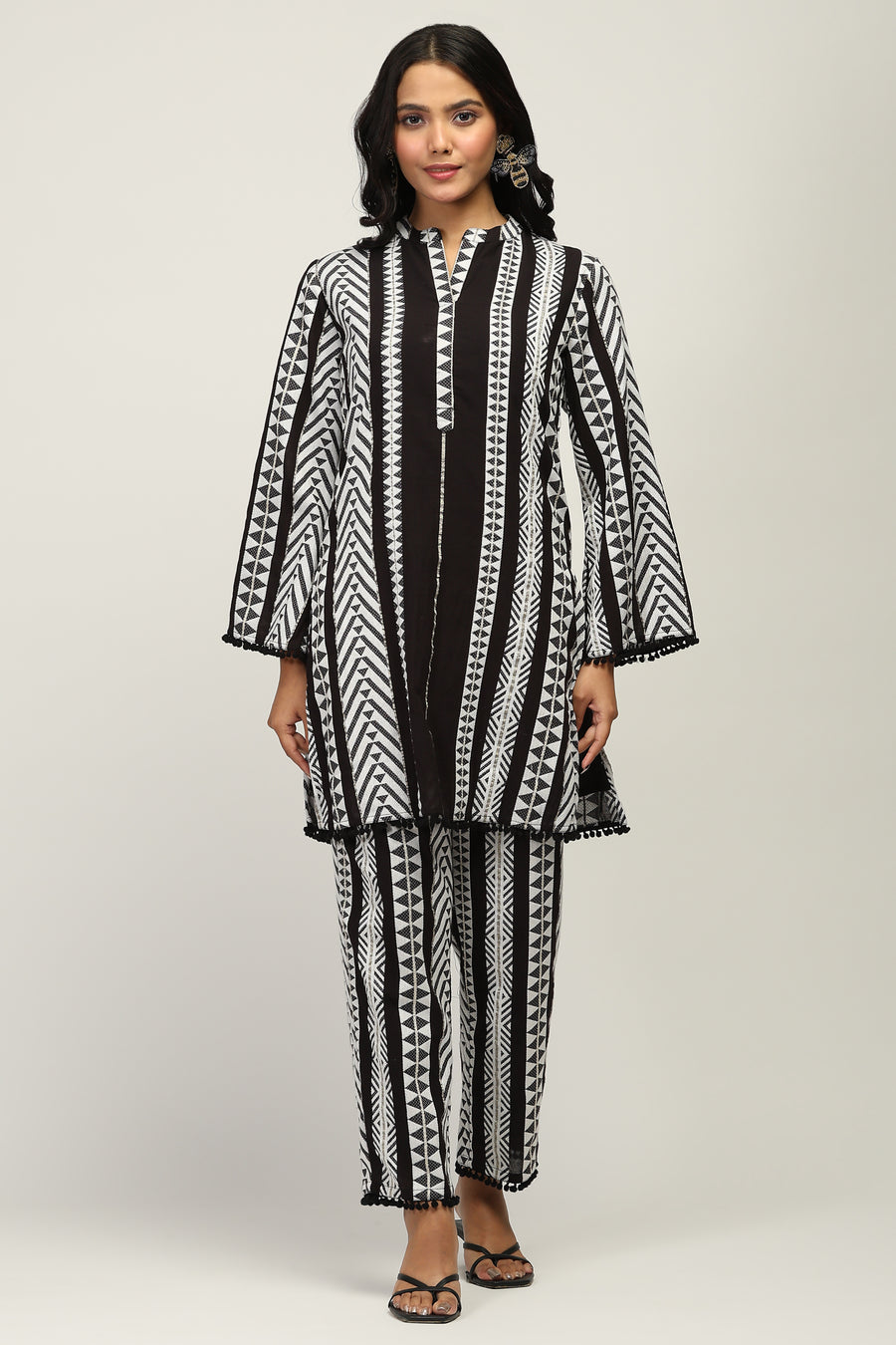 Indo-Western 100% Pure Cotton Yarn Dyed Geometric Stripe Co-Ord Set