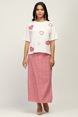 Women Heart Patch White T-Shirt & Red Checked Cotton Skirt Set