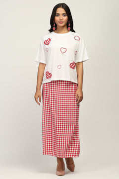Women Heart Patch White T-Shirt & Red Checked Cotton Skirt Set