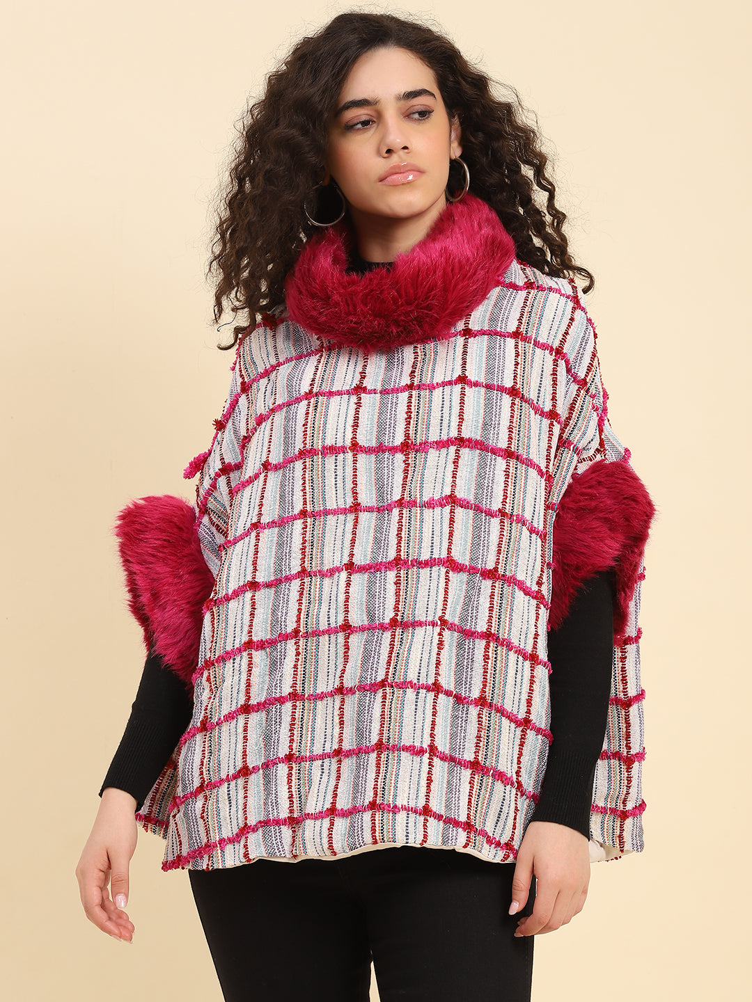 Pristine Checks Faux Fur Cape