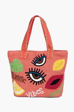 Natural jute embroidered tote bag for women with pink tropical embroidery