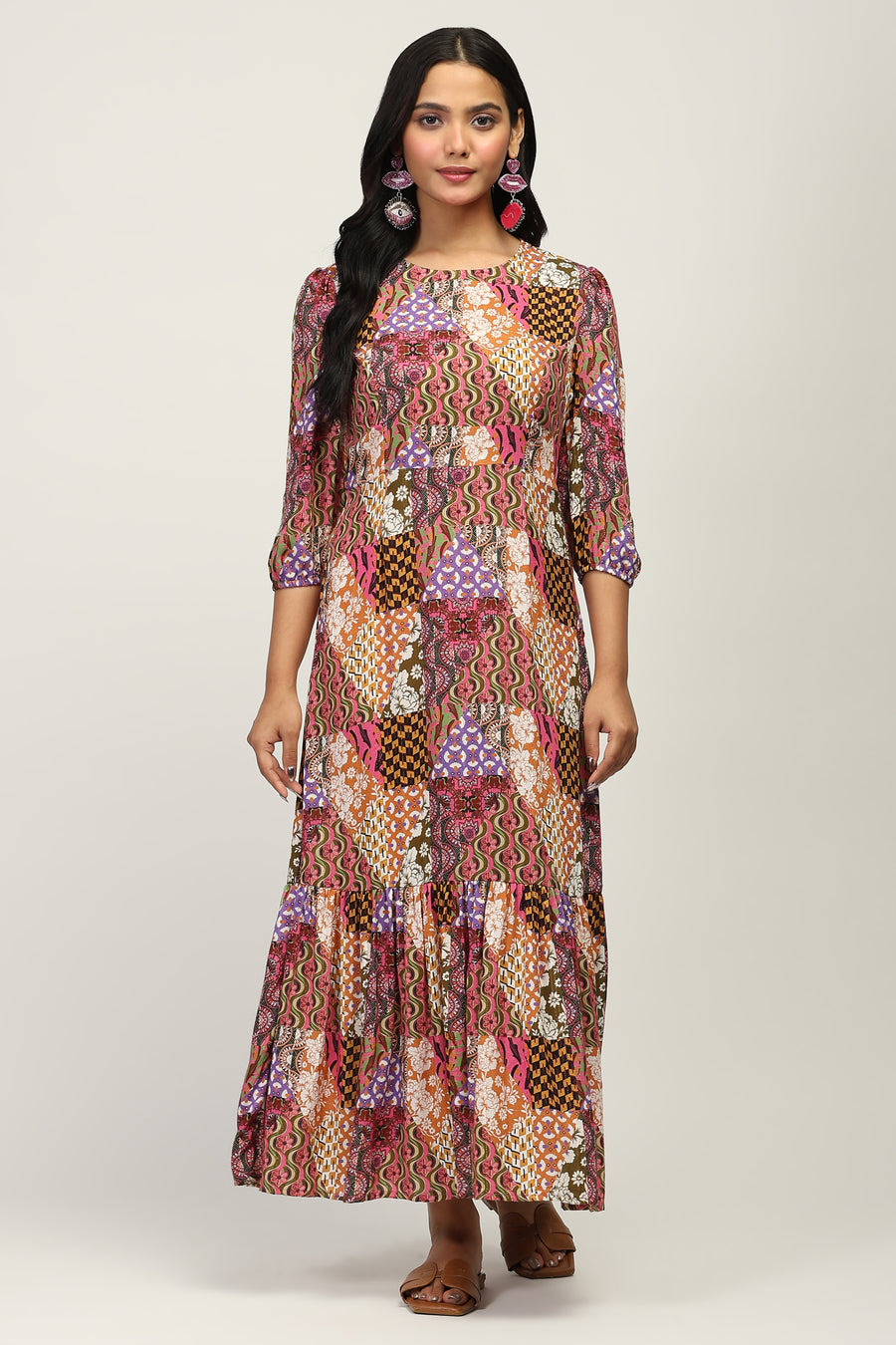The Mosaic Muse Women's Multicolor Printed Viscose Lurex Dobby Fit & Flare Dress