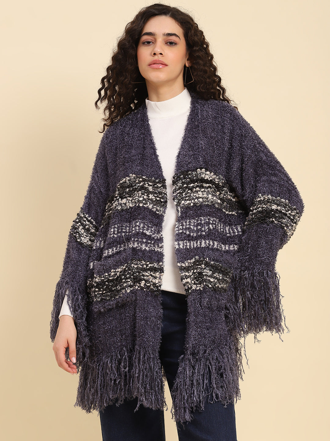 Midnight Blue Fringed Winter Shrug