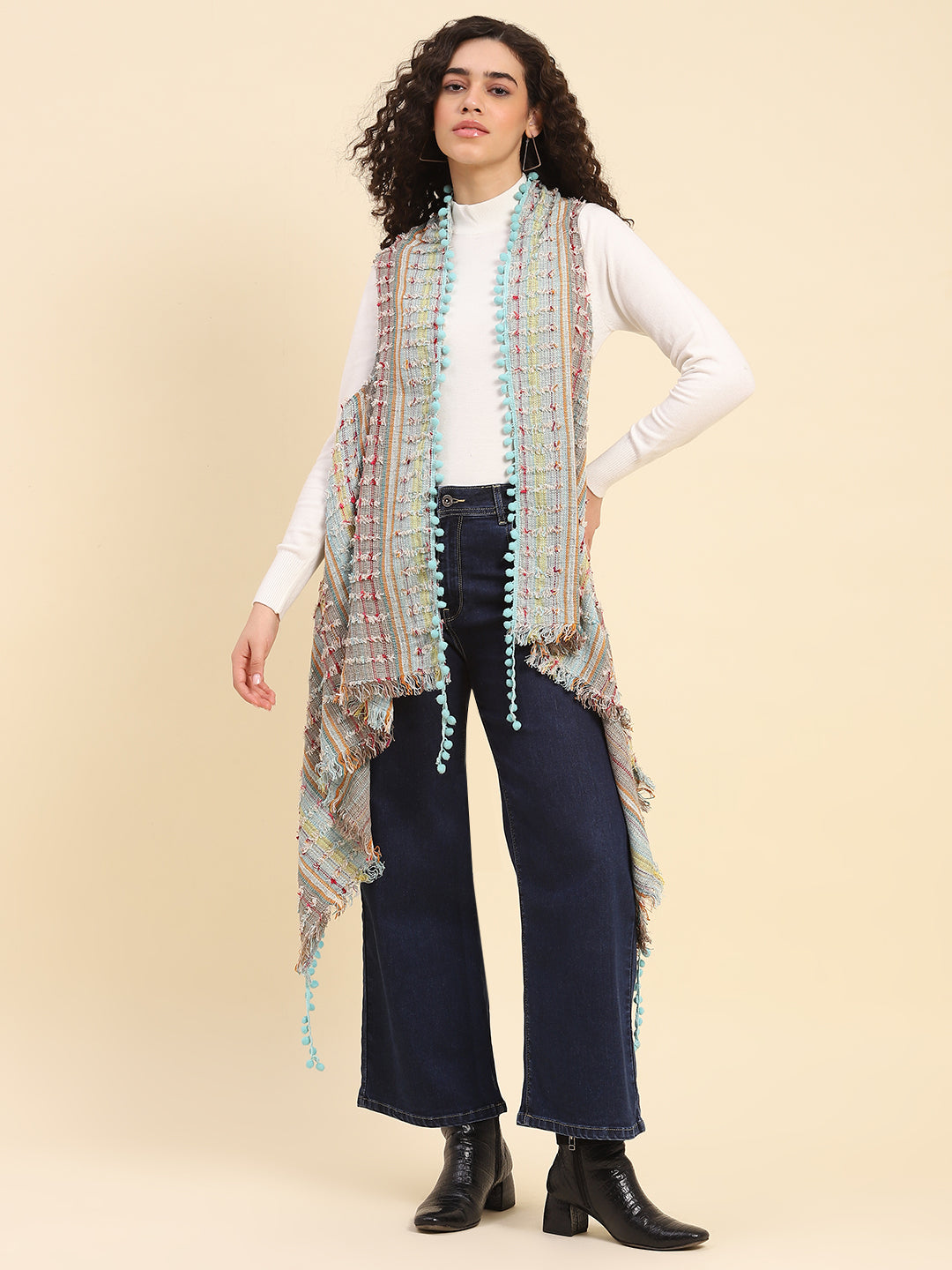 Aqua Pom Pom Fringe Cape