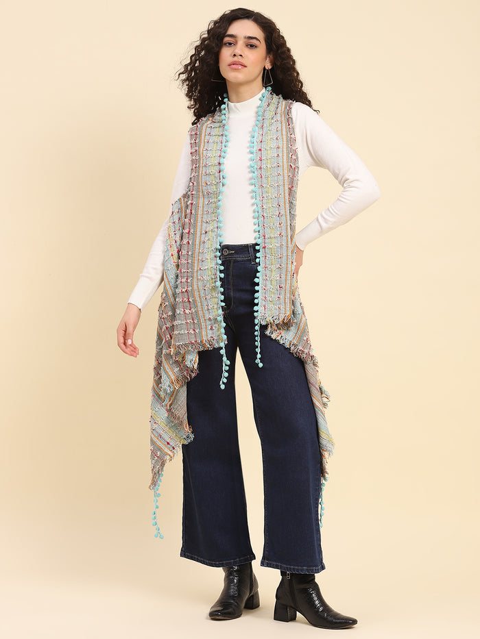 Aqua Pom Pom Fringe Cape