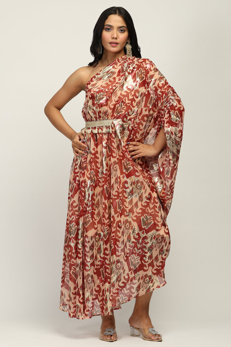 Burgundy Foil Print One Shoulder Indo western Dress