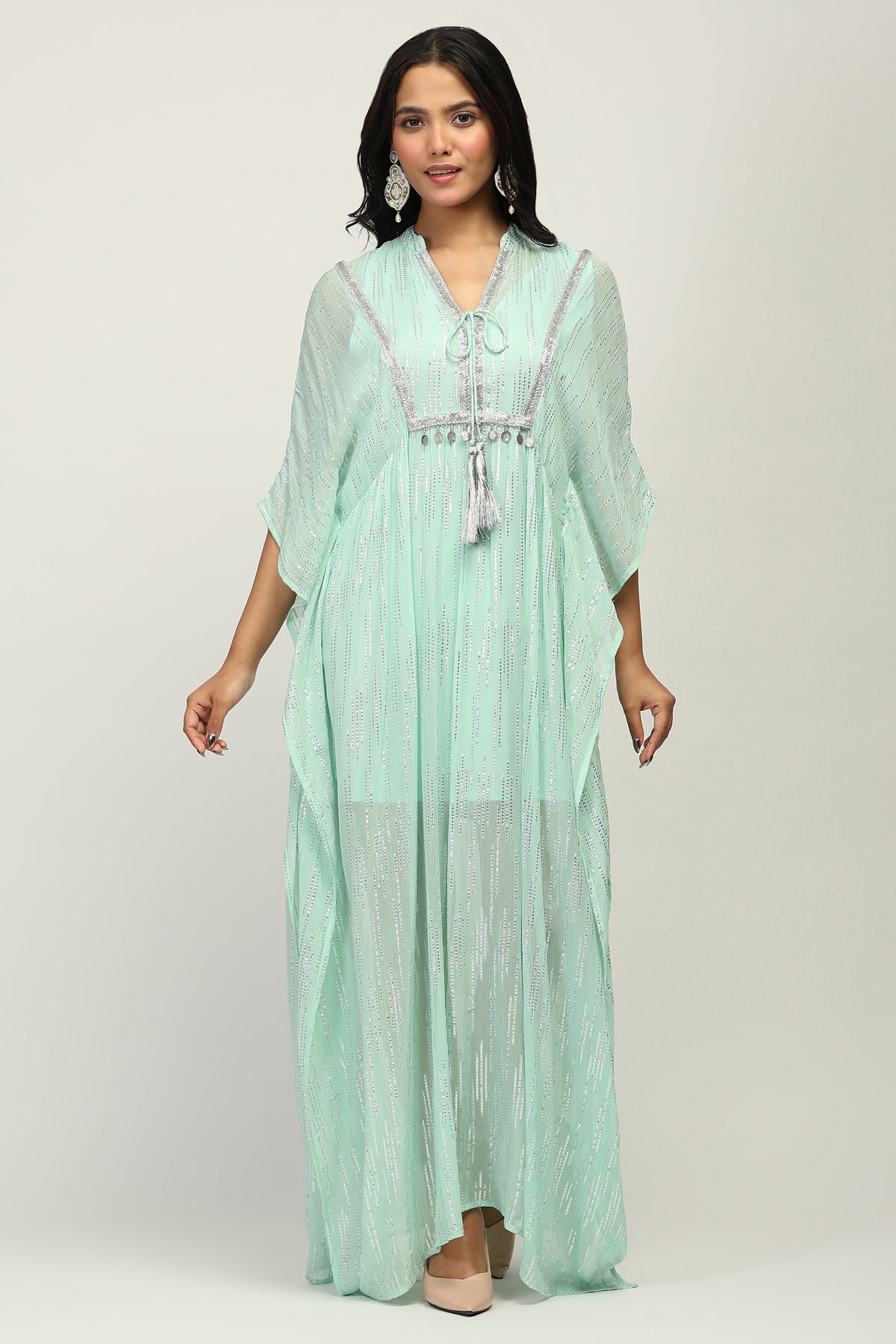 The Mint Shimmer - Women's Mint Green Embellished Lurex Kaftan Maxi Dress