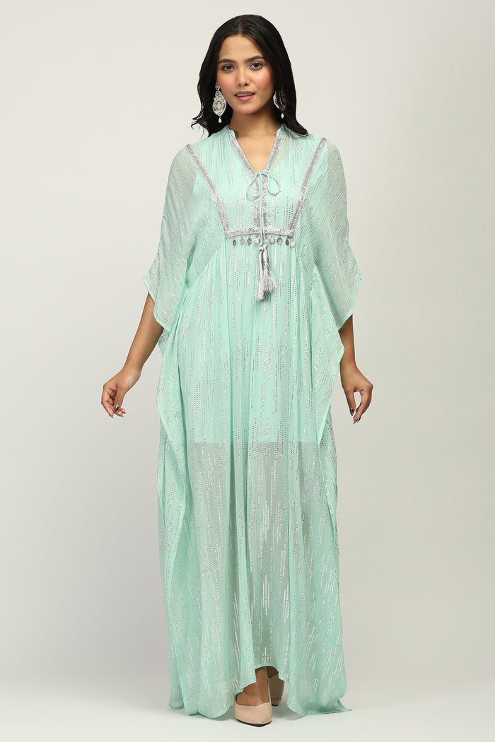The Mint Shimmer - Women's Mint Green Embellished Lurex Kaftan Maxi Dress