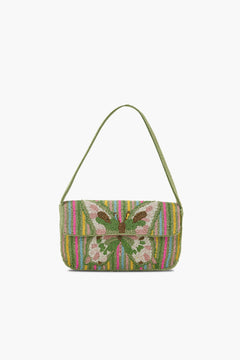 Colorful handbag with floral design on a white background