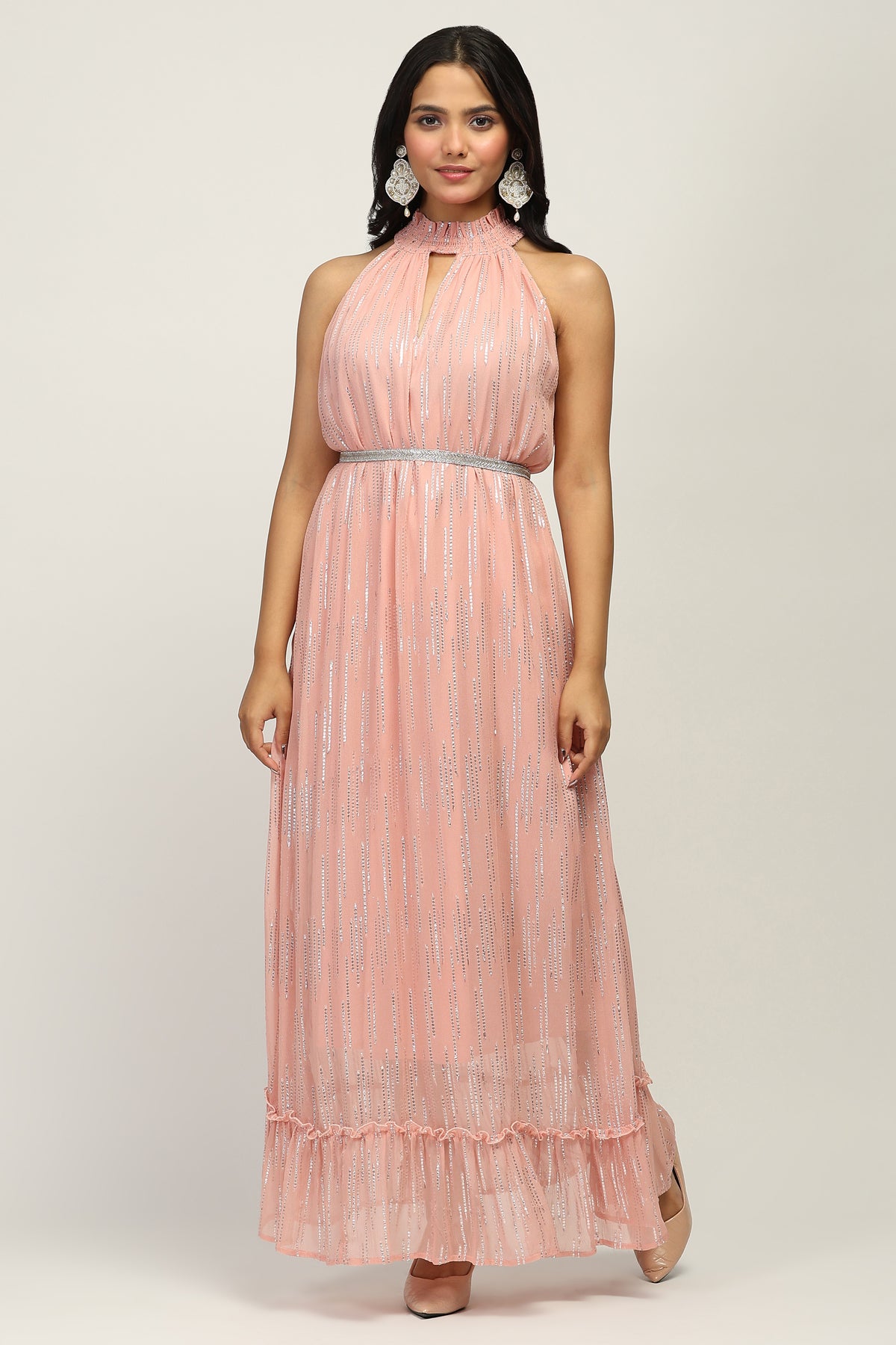 The Sunset Glow - Women's Flowy Soft Peach Halter Neck Evening Dress
