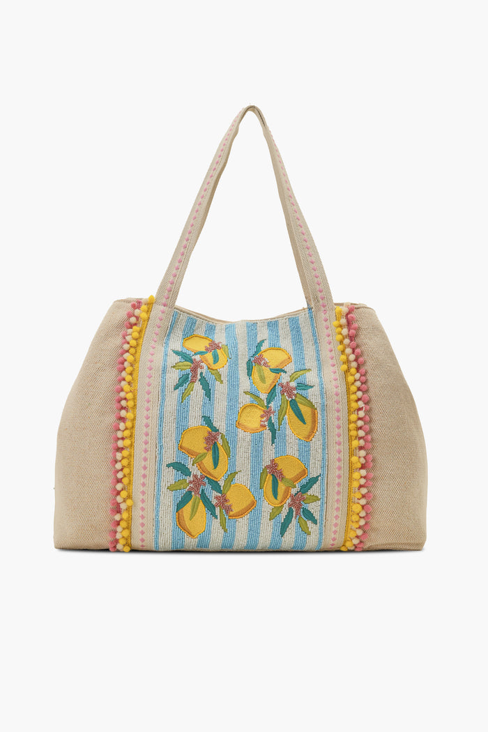 Pink Blossom Hand-Beaded Tote Bag with Pom-Pom Accents