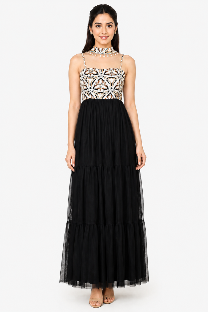 Noir Abstract Tiered Maxi Dress