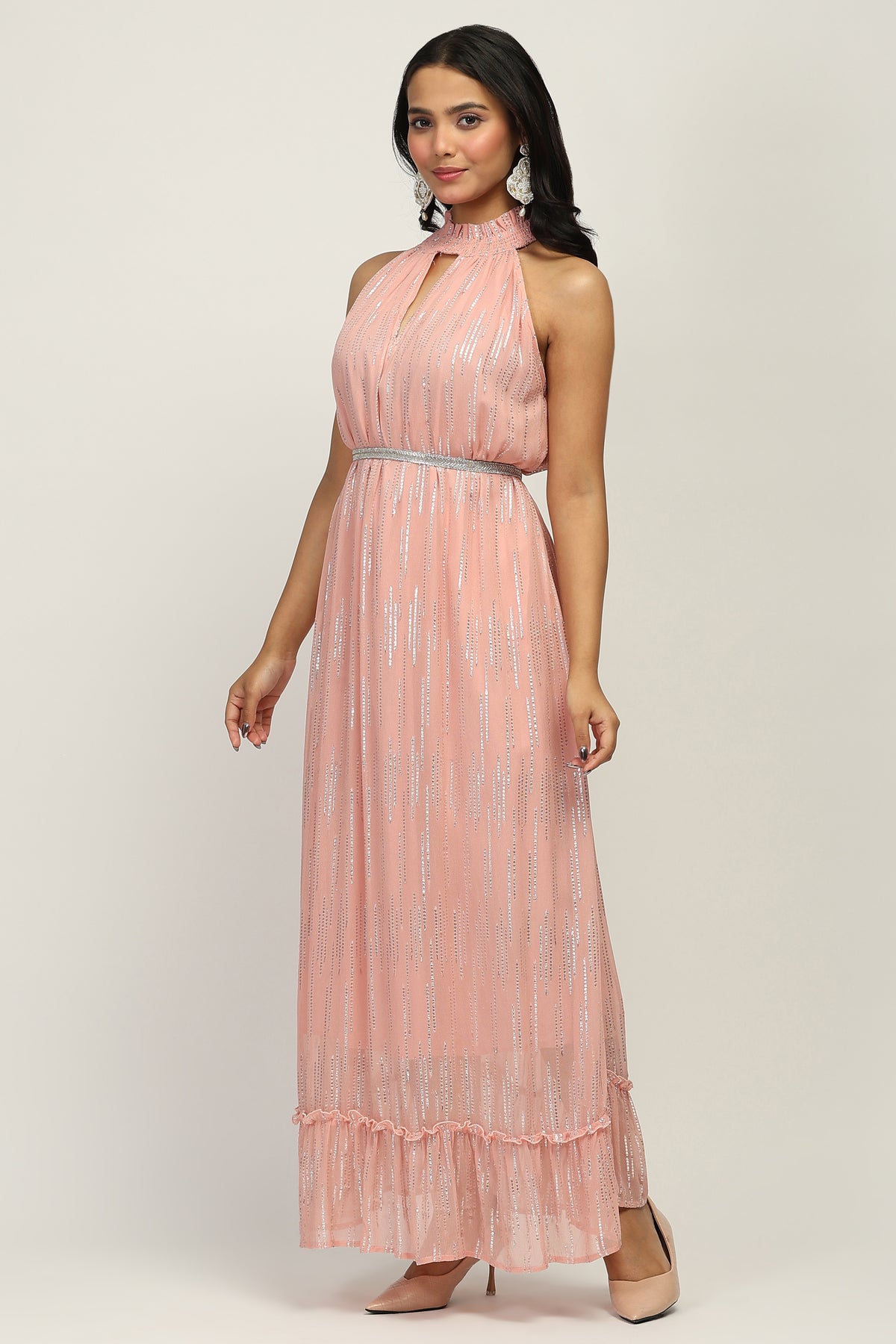 The Sunset Glow - Women's Flowy Soft Peach Halter Neck Evening Dress