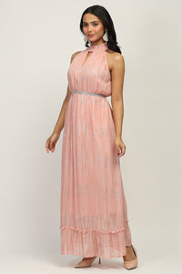 The Sunset Glow - Women's Flowy Soft Peach Halter Neck Evening Dress