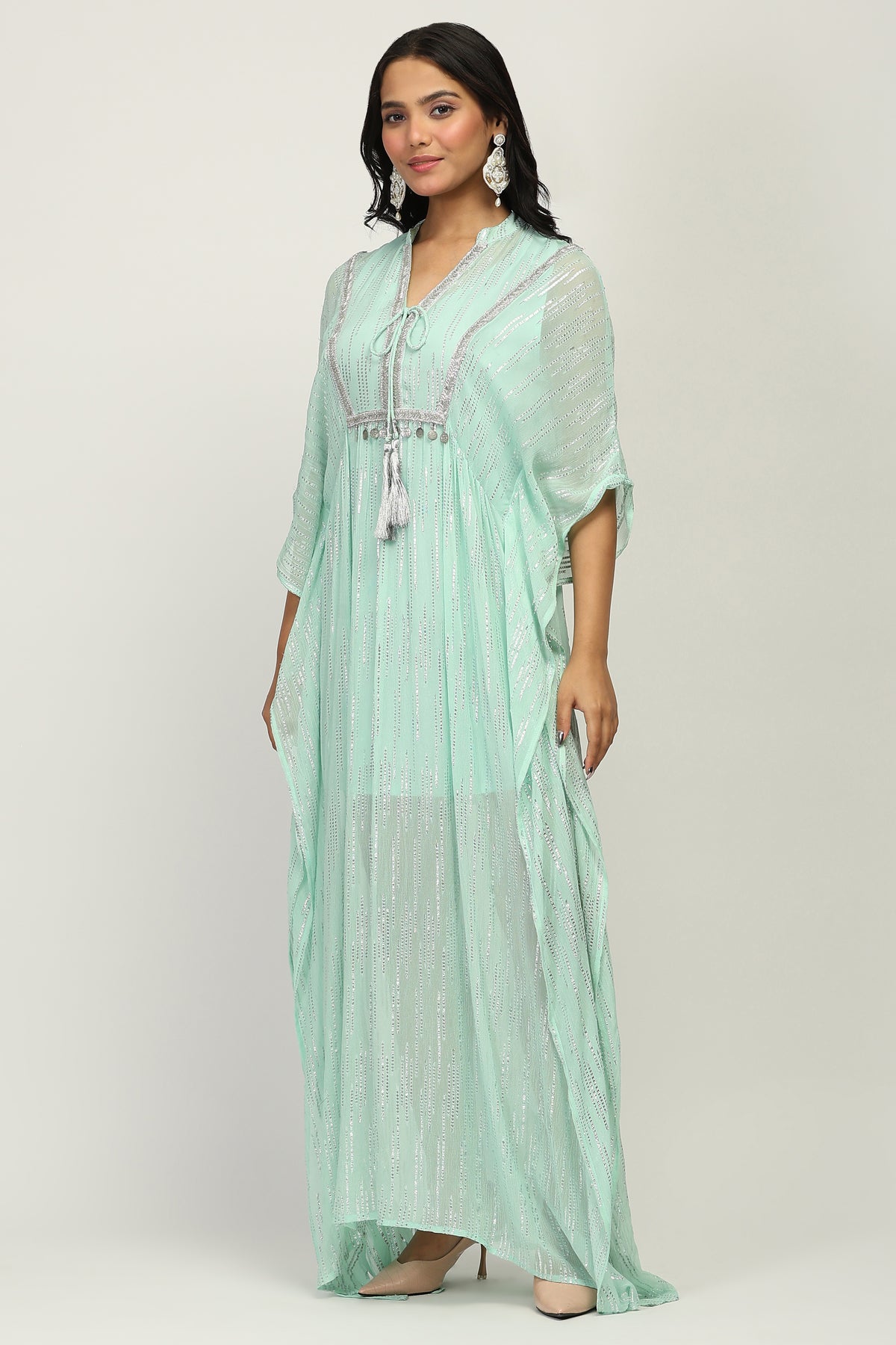 The Mint Shimmer - Women's Mint Green Embellished Lurex Kaftan Maxi Dress