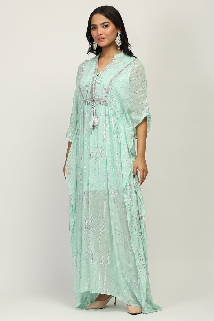 The Mint Shimmer - Women's Mint Green Embellished Lurex Kaftan Maxi Dress