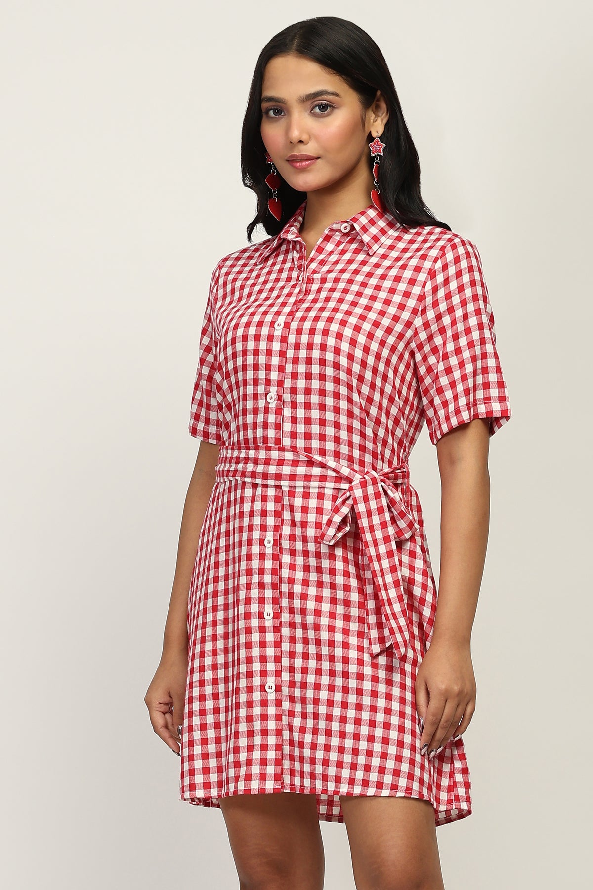 Women Red Checked Shirt Dress