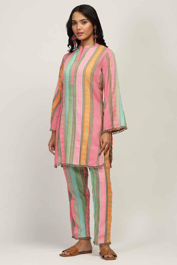 Women's 100% Pure Cotton Yarn Dyed Multi-Color Striped Co-Ord Set