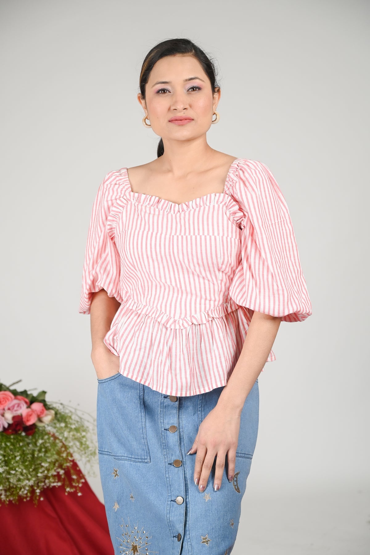 Women Striped Romantic Heart Top