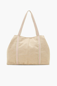 Pink Blossom Hand-Beaded Tote Bag with Pom-Pom Accents