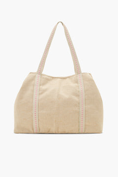 Pink Blossom Hand-Beaded Tote Bag with Pom-Pom Accents