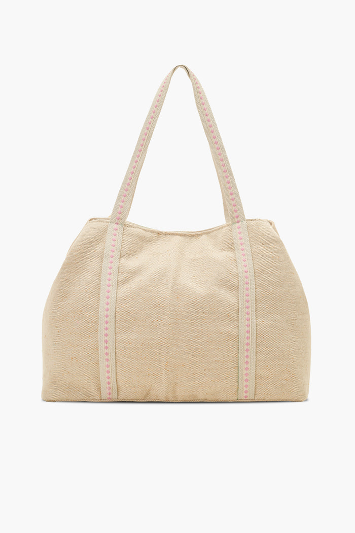 Pink Blossom Hand-Beaded Tote Bag with Pom-Pom Accents