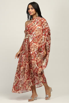 Burgundy Foil Print One Shoulder Indo western Dress