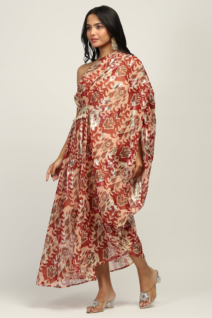 Burgundy Foil Print One Shoulder Indo western Dress