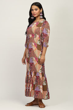 The Mosaic Muse Women's Multicolor Printed Viscose Lurex Dobby Fit & Flare Dress