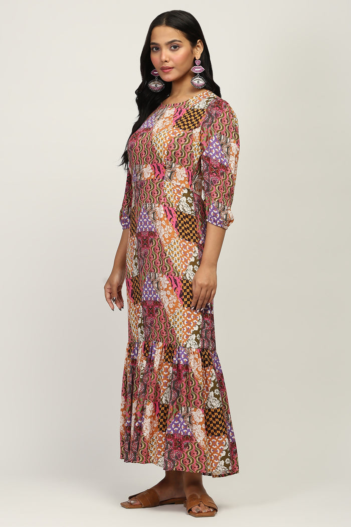 The Mosaic Muse Women's Multicolor Printed Viscose Lurex Dobby Fit & Flare Dress