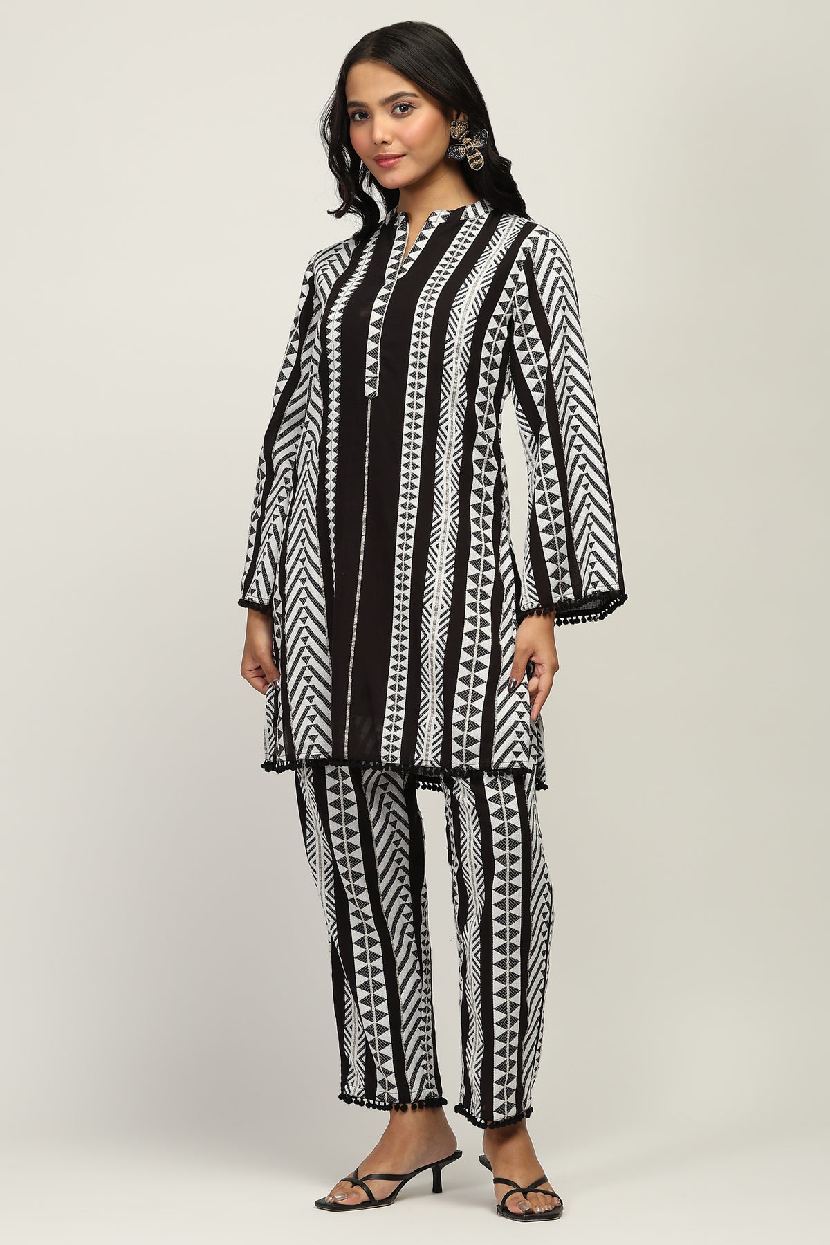 Indo-Western 100% Pure Cotton Yarn Dyed Geometric Stripe Co-Ord Set