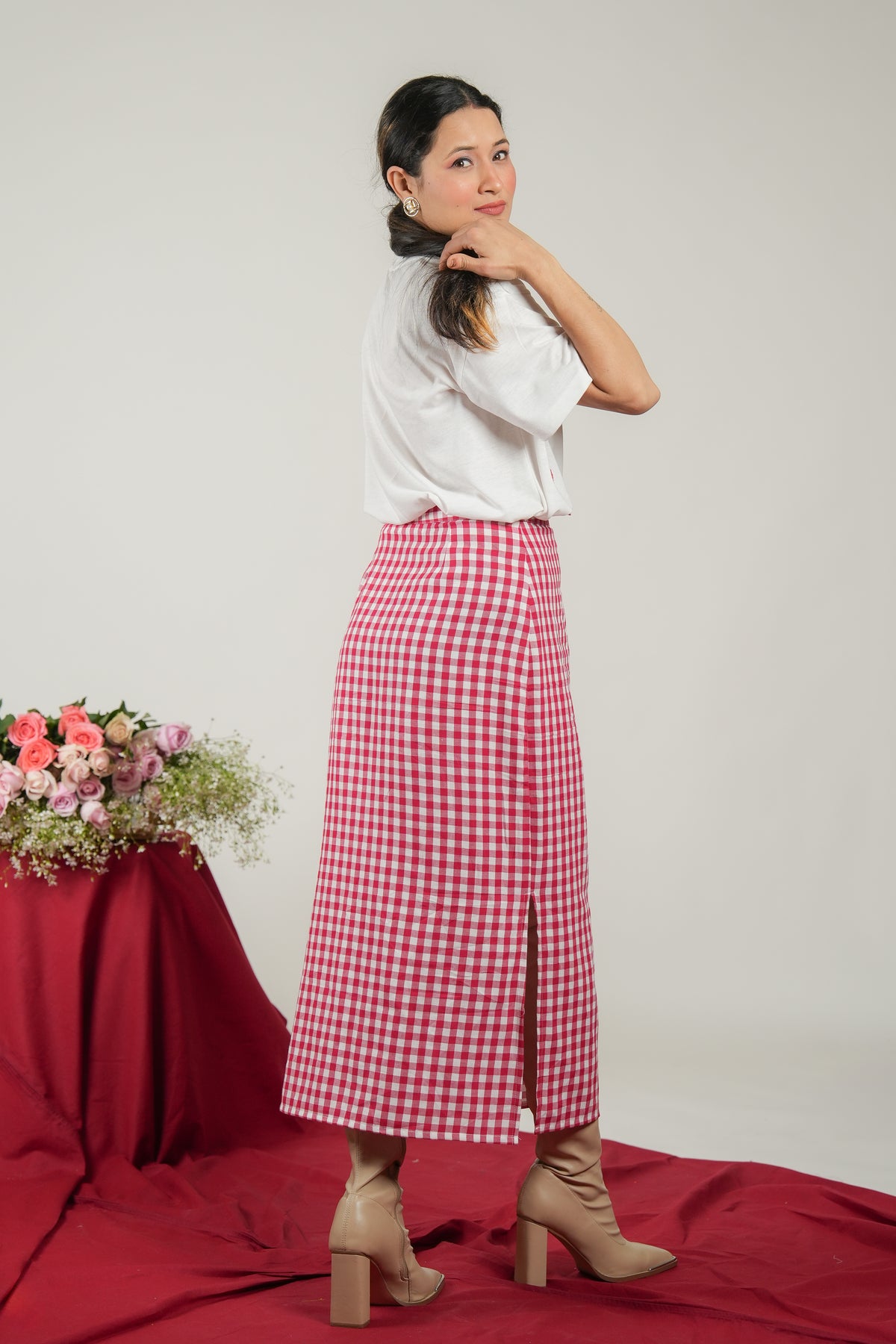 Women Heart Patch White T-Shirt & Red Checked Cotton Skirt Set