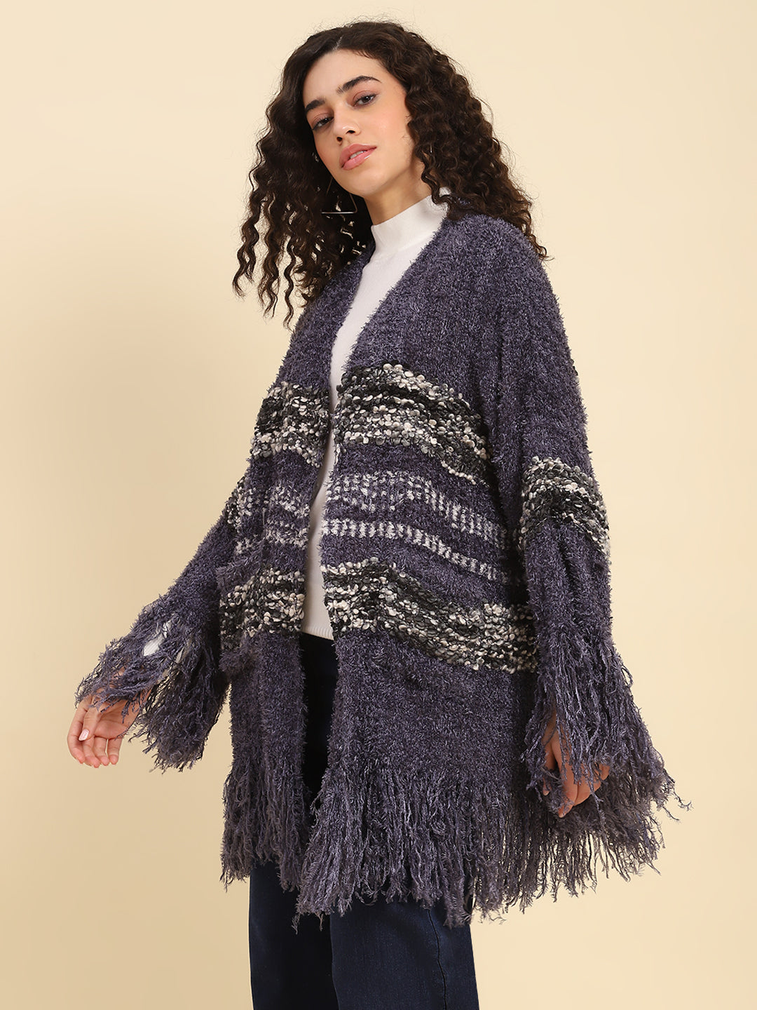 Midnight Blue Fringed Winter Shrug
