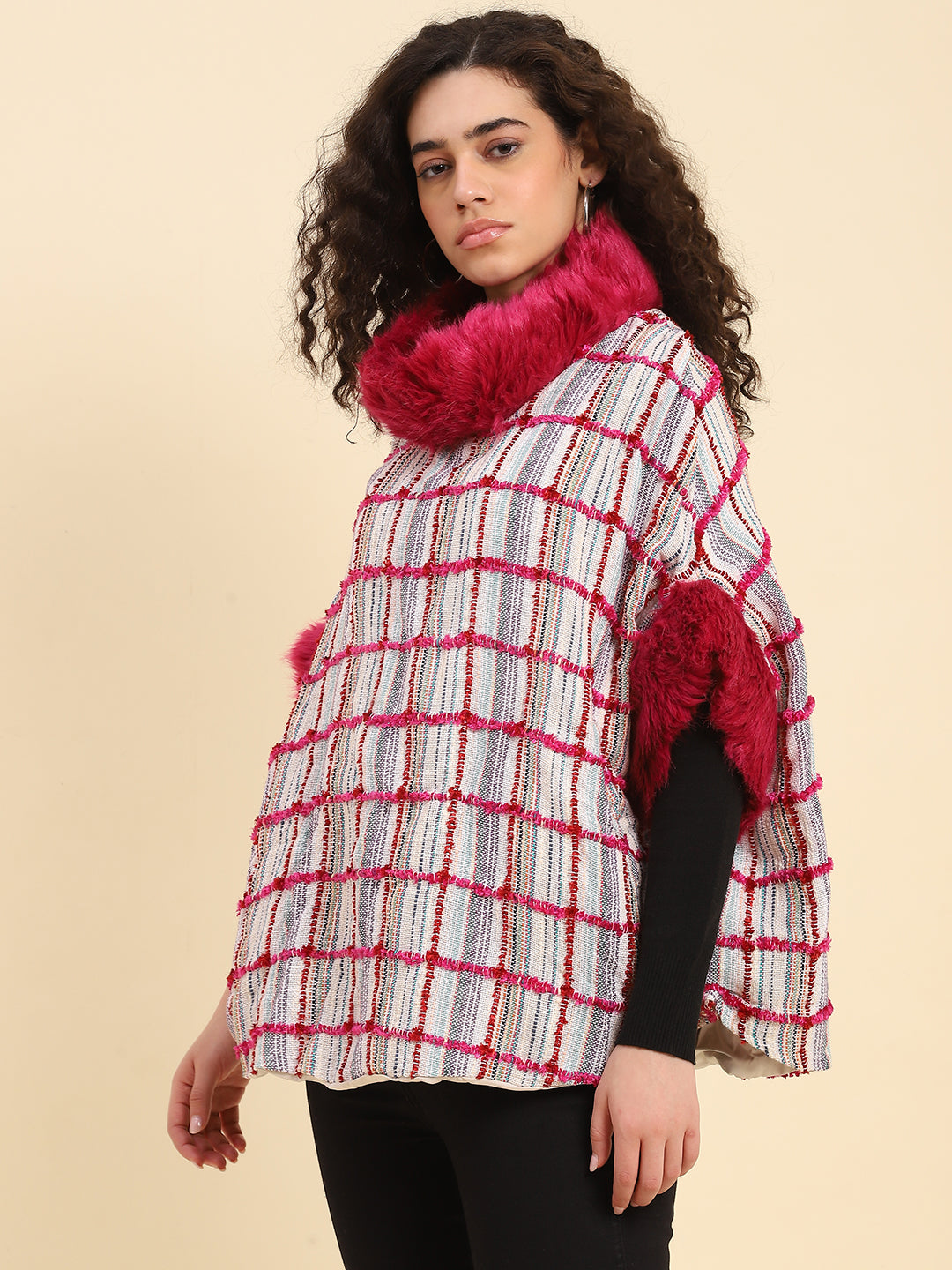 Pristine Checks Faux Fur Cape