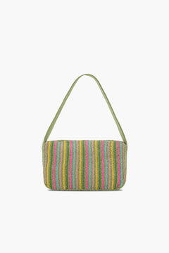 Multicolored striped handbag with a green strap on a white background